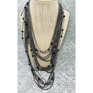 Multi-Layered Metallic Silver Chains Necklace Black Beaded Accents 14.5in
